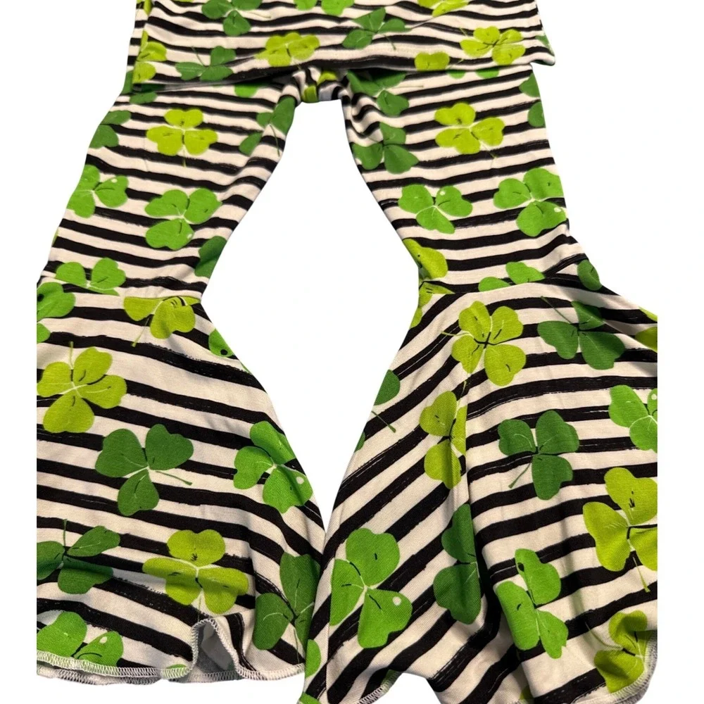 Bums & Roses St Patrick Shamrock Stripe‎ Bamboo Peplum Bell Bottom Set 3T NWT's